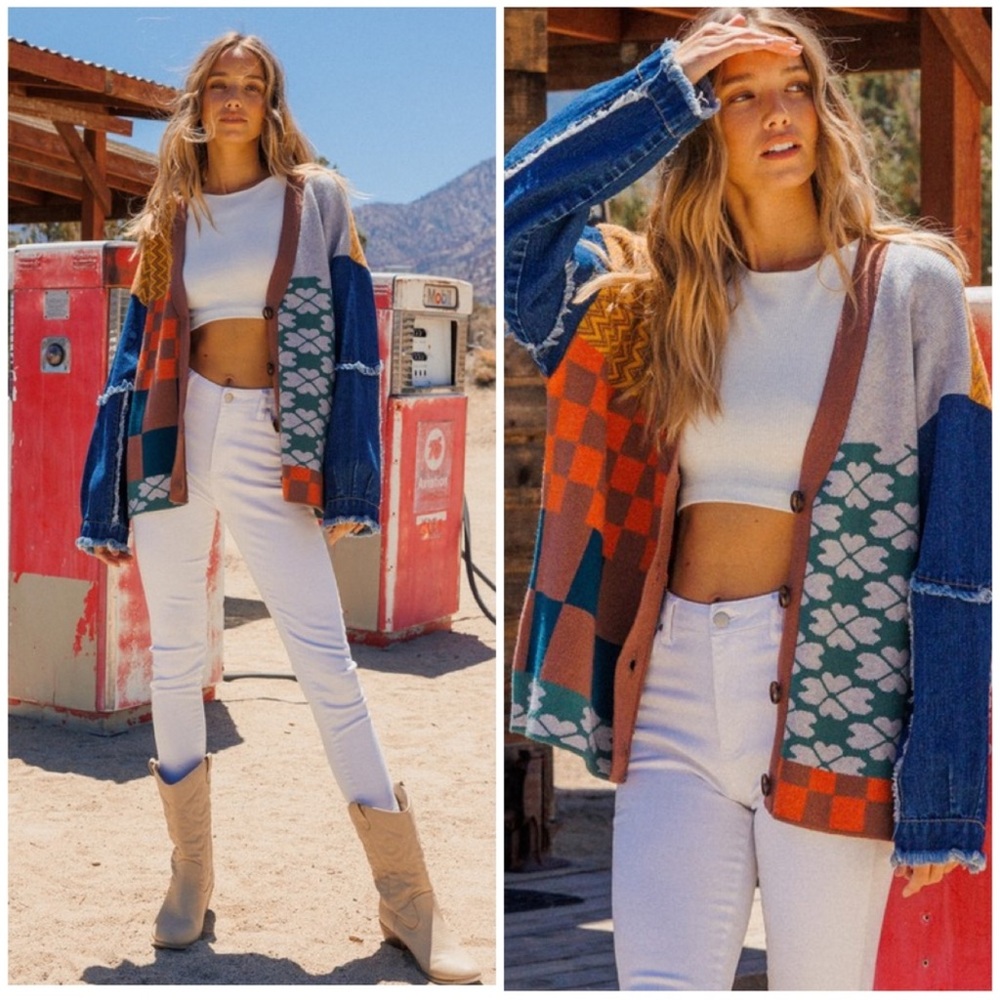 Ces Femme Mixed Knit Denim Oversized Cardigan NWOT